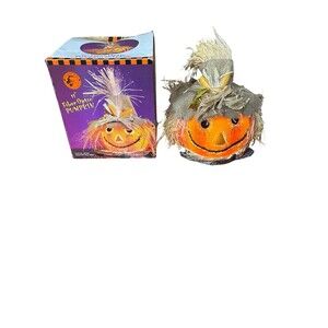 Vintage 2001 Halloween 11” Fiber Optic Color Changing Pumpkin Scarecrow *Works